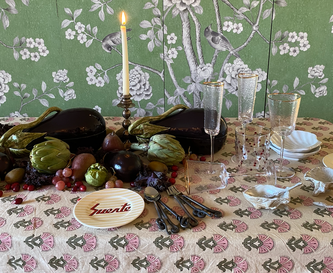 Birds and Scrolls Block Print Tablecloth by Julie & Ev