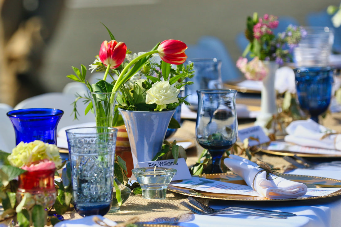an array of glassware for a lunch party