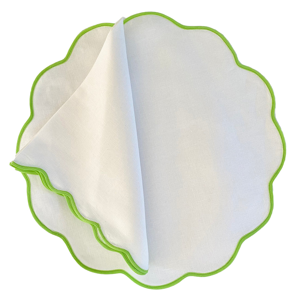 Scallop Border Placemat and Napkin Set Italian Linen Made in New York Green and White