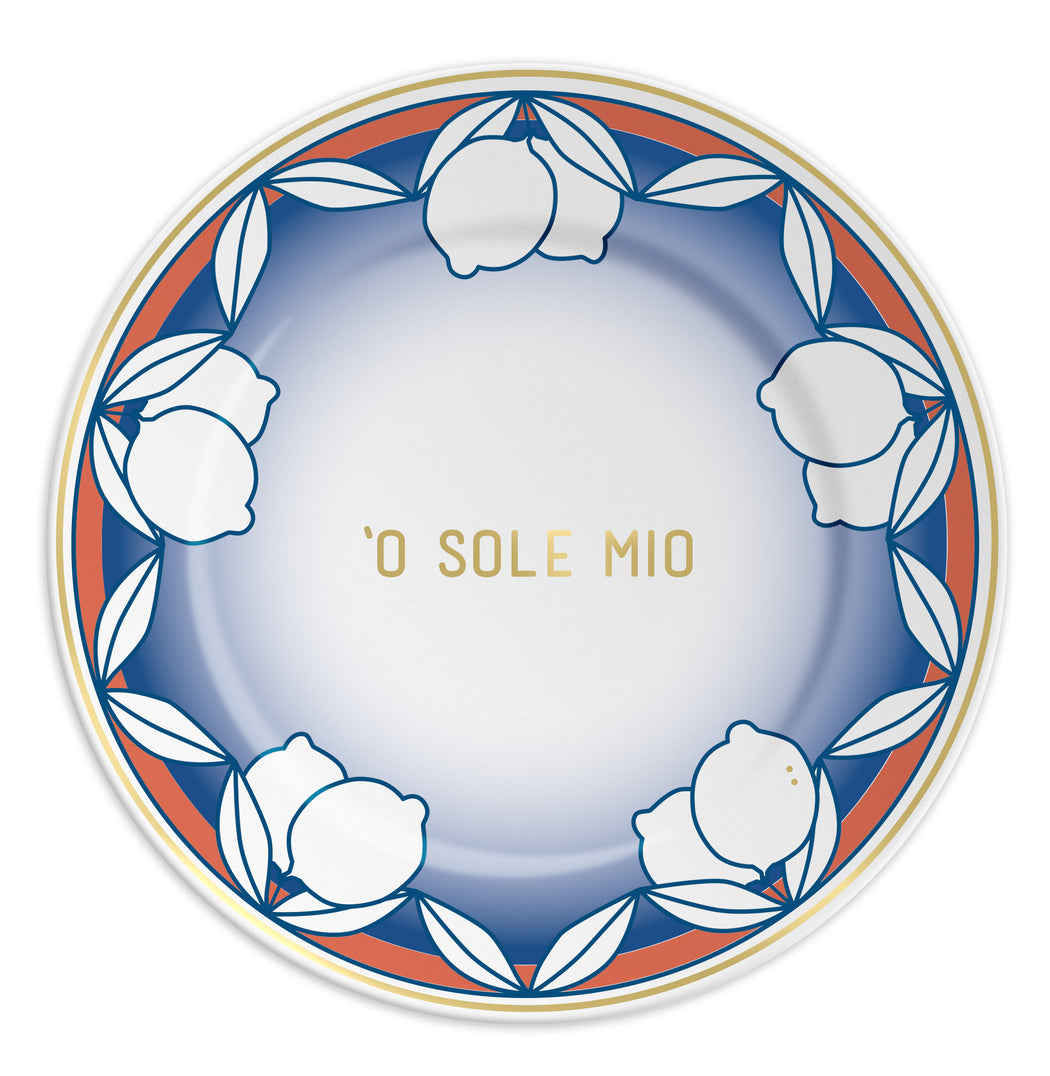 Hand painted Italian dinner plate, Blue, red and white
