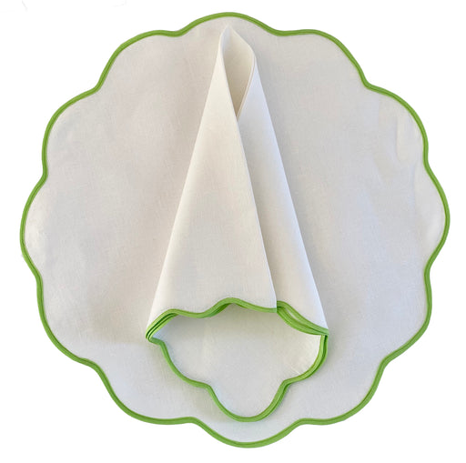 Scallop Border Placemat and Napkin Set Italian Linen Made in New York Green and White