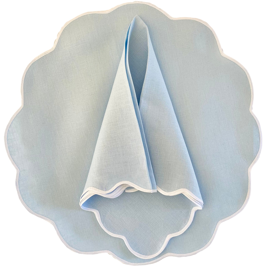Scallop Border Placemat and Napkin Set Italian Linen Made in New York Blue and White