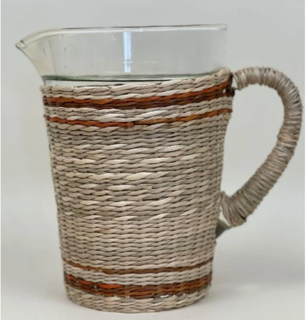 Seagrass Wrapped Glass Pitcher with Sepia Color Stripes